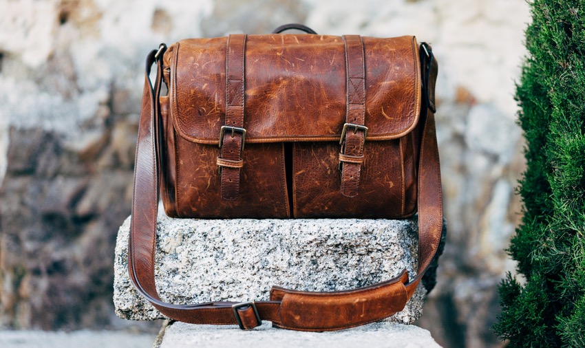 Leather Messenger Bag on a Stone